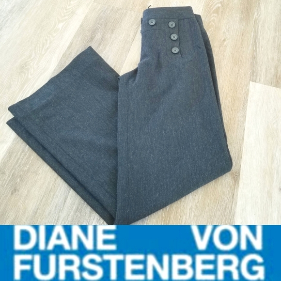 Diane Von Furstenberg Wool Pants Lace Up Corset Y2K Grey Cropped Flare Wide Leg
